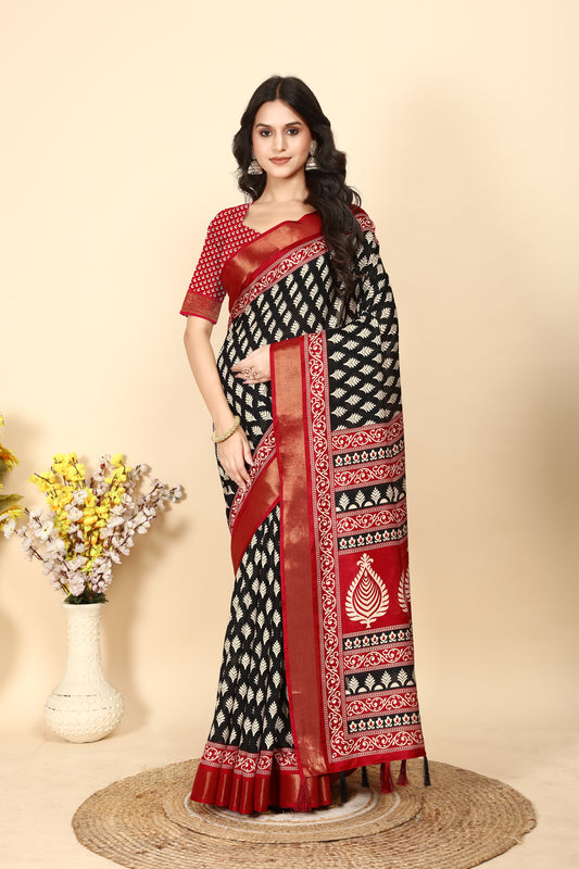 J6 Designers Soft Dola Silk Printed Jacquard border Saree With Blouse - Ajrak