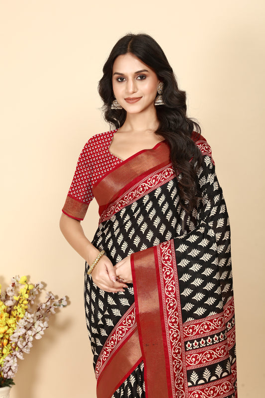 J6 Designers Soft Dola Silk Printed Jacquard border Saree With Blouse - Ajrak