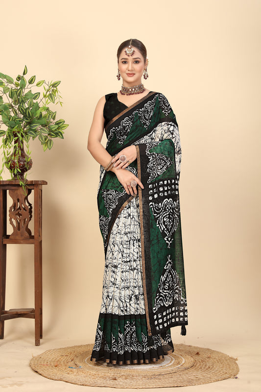 Women's Luxurious Chanderi Silk Saree with Jacquard Printed Border & Printed Blouses
