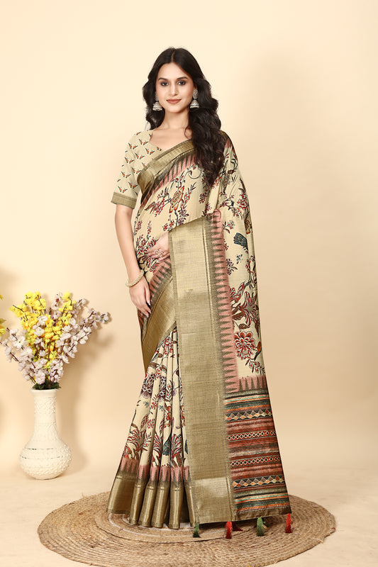 J6 Designers Soft Dola Silk Printed Jacquard border Saree With Blouse