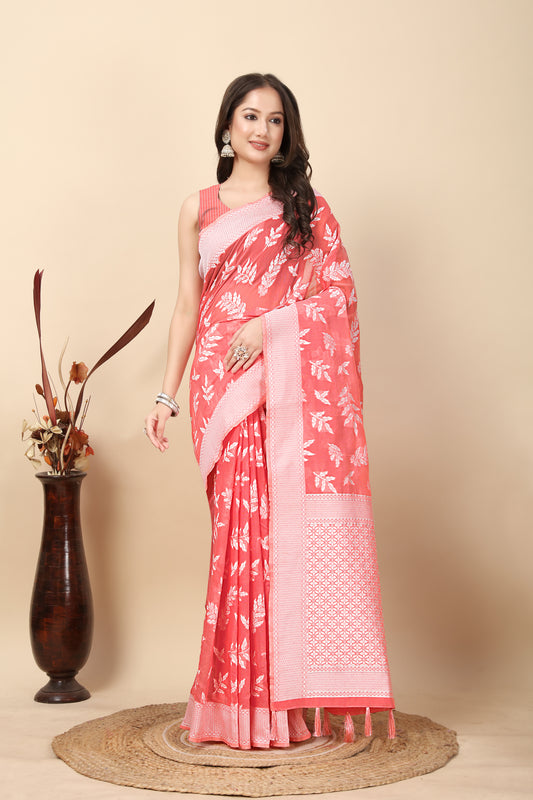 Women's Luxurious Soft Banarasi Silk Saree with Jacquard Zari Weaving Work Border & Jaquard Blouses