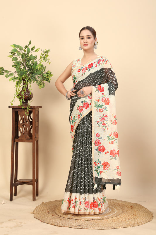 Women's Luxurious Chanderi Silk Saree with Jacquard Printed Border & Printed Blouses