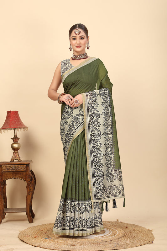 Women's Soft Chanderi Silk Saree with Jacquard Printed Border & Printed Blouses