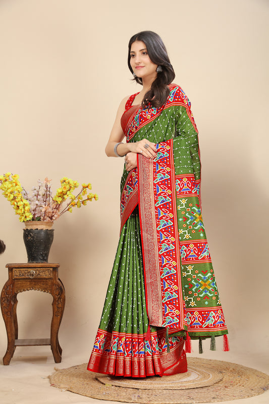 Women's Luxurious Pure Dola Silk with Exquisite Jacquard Border & Printed Blouses