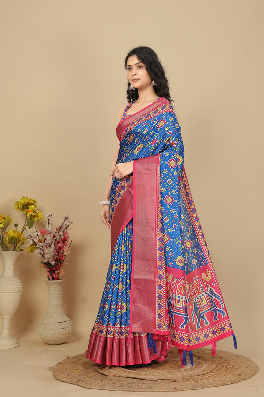 Women's Luxurious Pure Dola Silk with Exquisite Jacquard Border & Printed Blouses