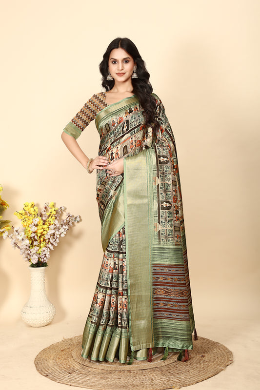 J6 Designers Soft Dola Silk Printed Jacquard border Saree With Blouse - Raja Dobi