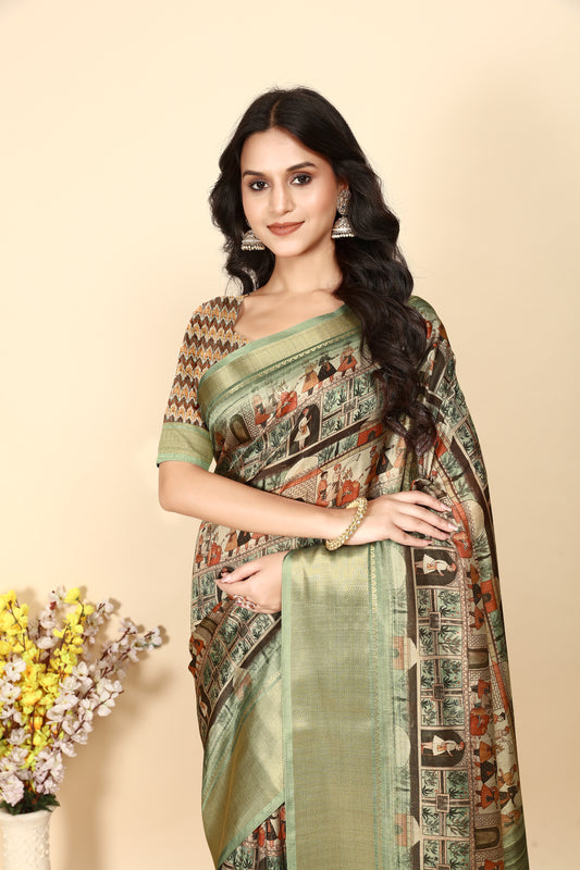 J6 Designers Soft Dola Silk Printed Jacquard border Saree With Blouse - Raja Dobi