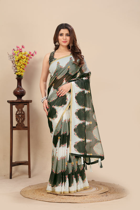 Women's Luxurious Chanderi Silk Saree with Jacquard Printed Border & Printed Blouses