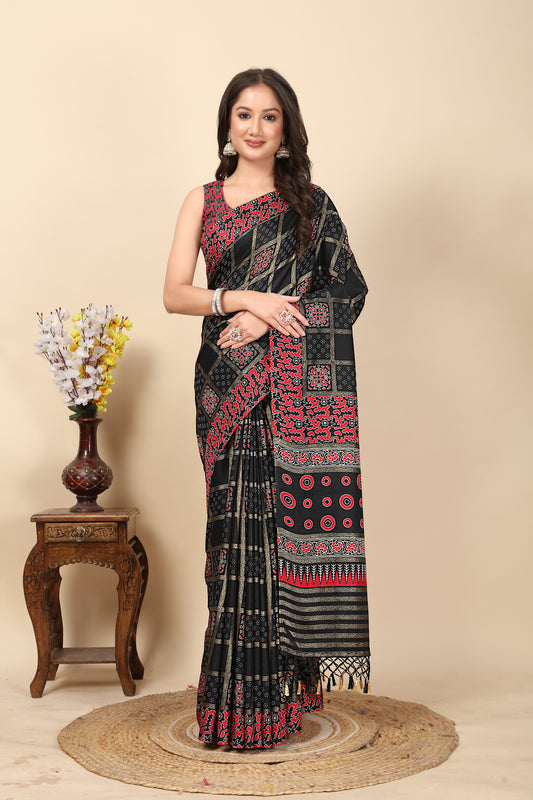 Women's Luxurious Soft Pashmina Silk Saree with Printed Border & Printed Blouses