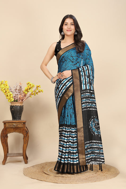 Women's Luxurious Pure Dola Silk with Exquisite Jacquard Border & Printed Blouses