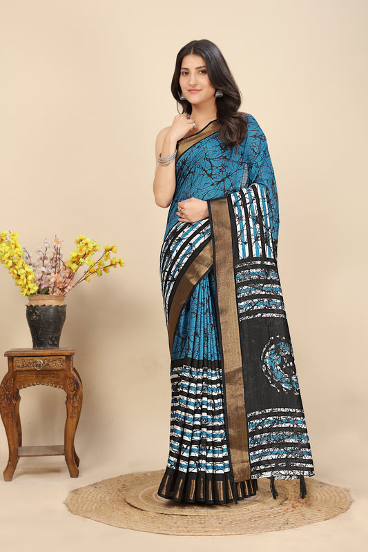 Women's Luxurious Pure Dola Silk with Exquisite Jacquard Border & Printed Blouses