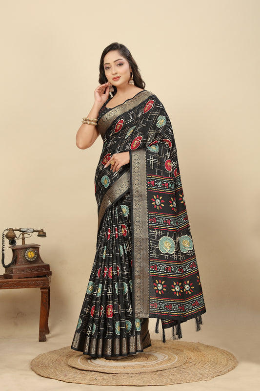 Women's Luxurious Pure Dola Silk with Exquisite Jacquard Border Printed Saree & Printed Blouses