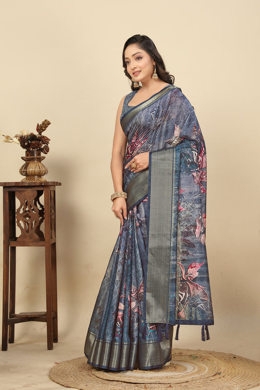 Women's Luxurious Soft Dola Silk Flower Print with Jacquard Border Saree & Printed Blouses