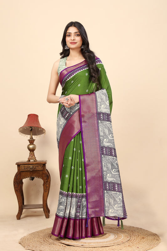 Women's Soft Pure Cotton Silk with Exquisite Jacquard Border & Printed Blouses