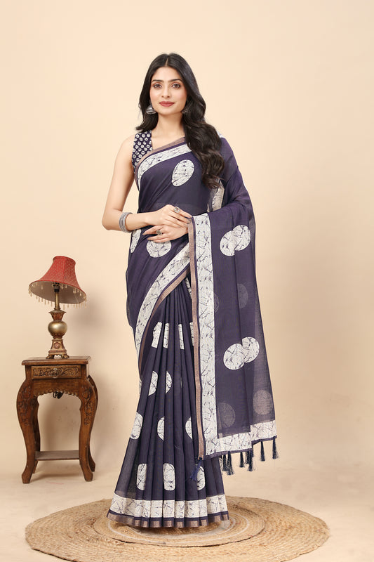 Women's Luxurious Chanderi Silk Saree with Jacquard Printed Border & Printed Blouses