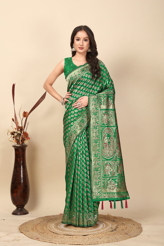 Women's Luxurious Soft Banarasi Silk Saree with Jacquard Zari Weaving Work Border & Jaquard Blouses