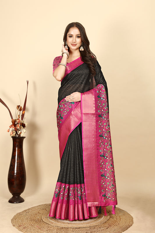 Women's Luxurious (Checks) Pure Dola Silk with Exquisite Jacquard Border & Printed Blouses