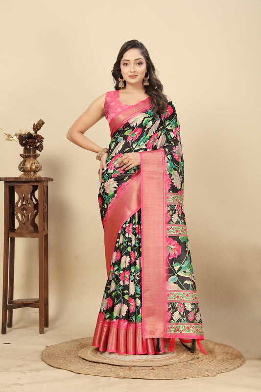 Women's Luxurious Pure Dola Silk with Exquisite Jacquard Border Printed Saree & Printed Blouses