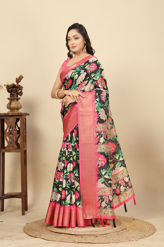 Women's Luxurious Pure Dola Silk with Exquisite Jacquard Border Printed Saree & Printed Blouses