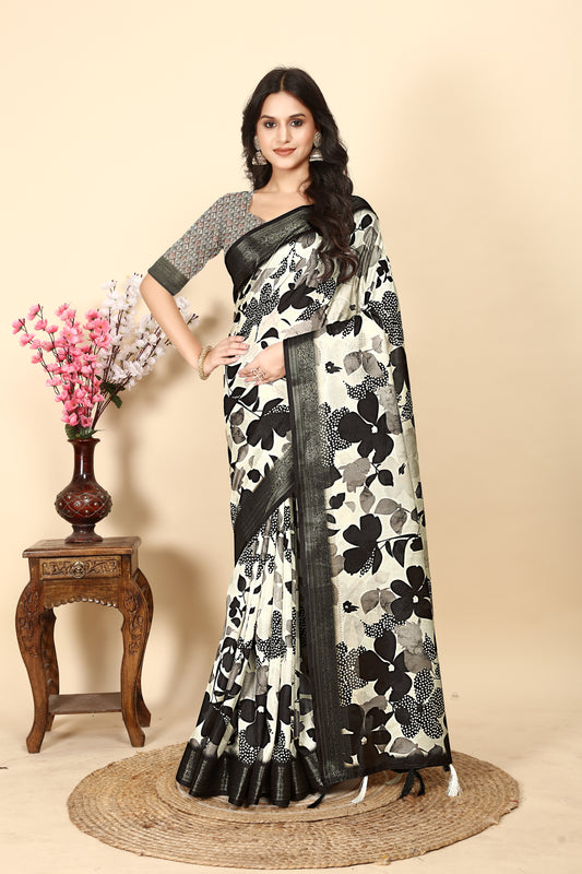 Women's Luxurious Pure Soft Dola Silk Printed with Exquisite Jacquard Border Saree & Printed Blouses
