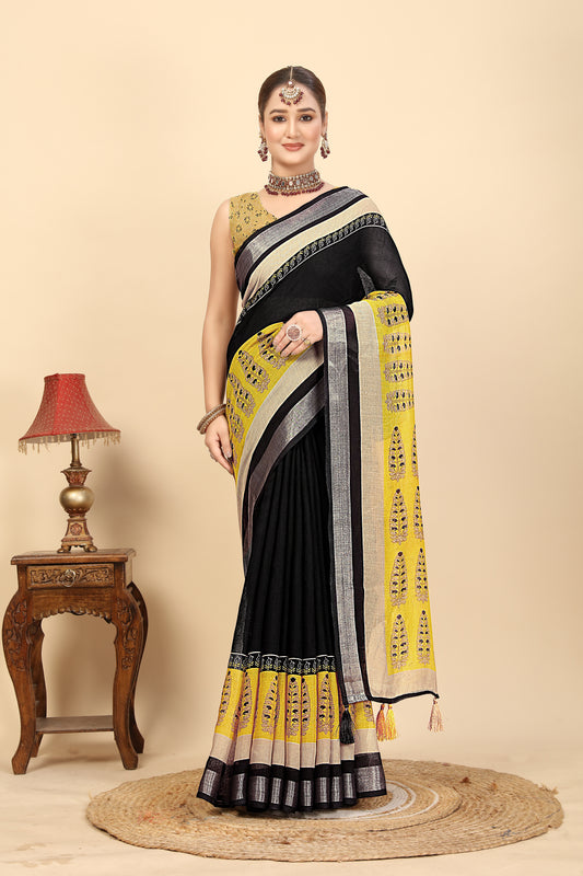 Women's Soft Pure Cotton Linen Silk with Exquisite Printed Saree & Printed Blouses
