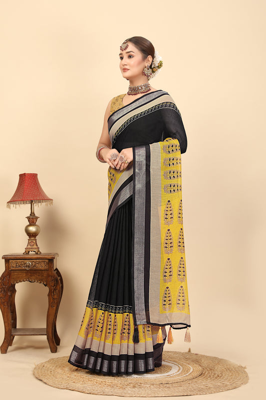 Women's Soft Pure Cotton Linen Silk with Exquisite Printed Saree & Printed Blouses
