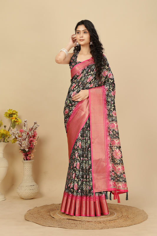 Women's Luxurious Pure Dola Silk with Exquisite Jacquard Border Printed Saree & Printed Blouses