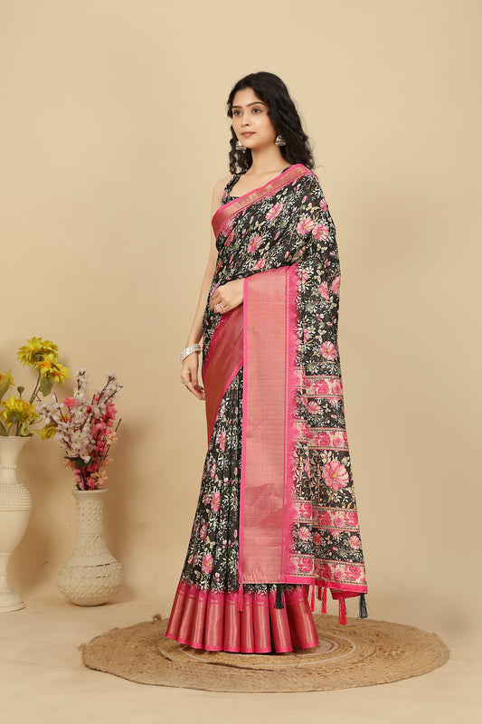Women's Luxurious Pure Dola Silk with Exquisite Jacquard Border Printed Saree & Printed Blouses