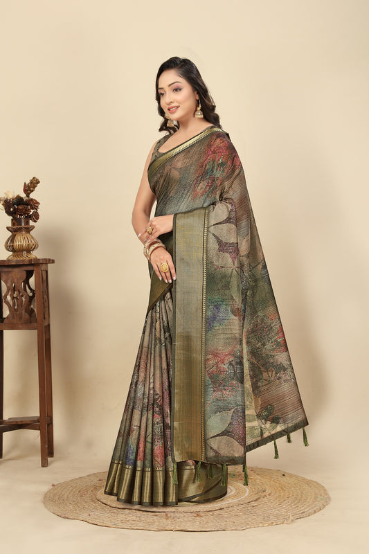 Women's Luxurious Soft Dola Silk with Exquisite Jacquard Border Saree & Printed Blouses