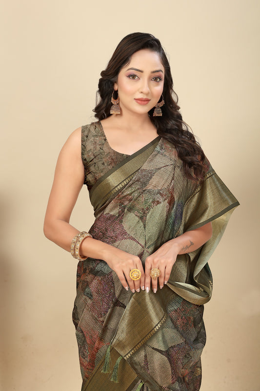 Women's Luxurious Soft Dola Silk with Exquisite Jacquard Border Saree & Printed Blouses