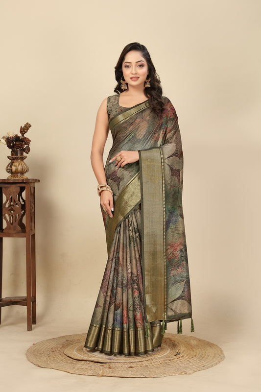 Women's Luxurious Soft Dola Silk with Exquisite Jacquard Border Saree & Printed Blouses