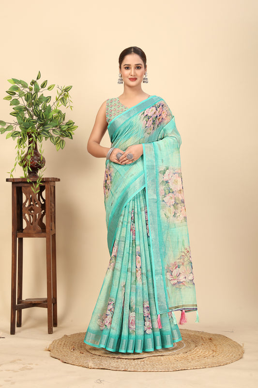 Women's Soft Pure Cotton Linen Silk with Exquisite Printed Saree & Printed Blouses