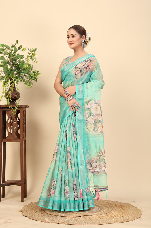 Women's Soft Pure Cotton Linen Silk with Exquisite Printed Saree & Printed Blouses