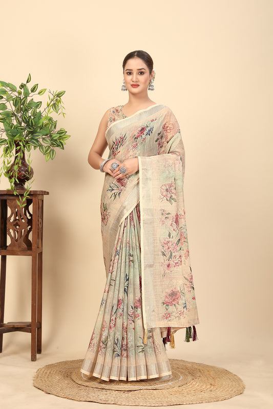 Women's Soft Pure Cotton Linen Silk with Exquisite Printed Saree & Printed Blouses