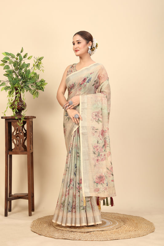 Women's Soft Pure Cotton Linen Silk with Exquisite Printed Saree & Printed Blouses