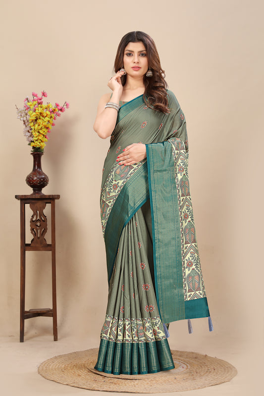 Women's Luxurious Madhubani Print Soft Dola Silk with Exquisite Jacquard Border Saree & Printed Blouses