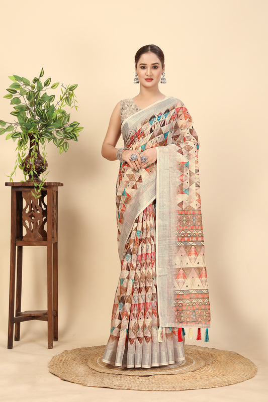 Women's Soft Pure Cotton Linen Silk with Exquisite Printed Saree & Printed Blouses