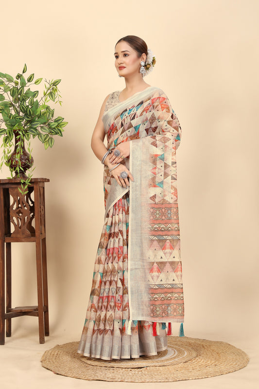 Women's Soft Pure Cotton Linen Silk with Exquisite Printed Saree & Printed Blouses