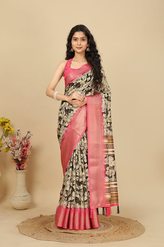 Women's Luxurious Pure Dola Silk with Exquisite Jacquard Border Saree & Printed Blouses