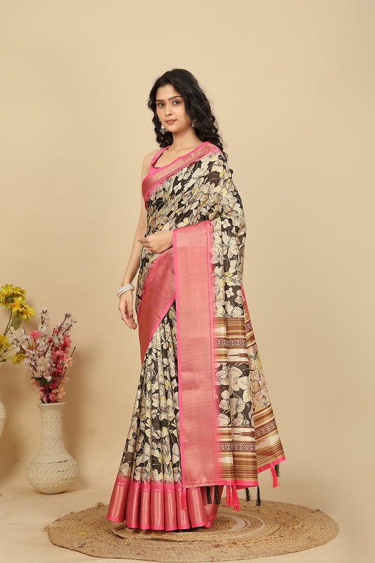 Women's Luxurious Pure Dola Silk with Exquisite Jacquard Border Saree & Printed Blouses