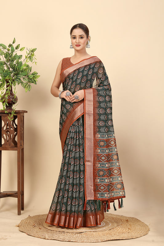 Women's Soft Pure Cotton Linen Silk with Exquisite Printed Saree & Printed Blouses