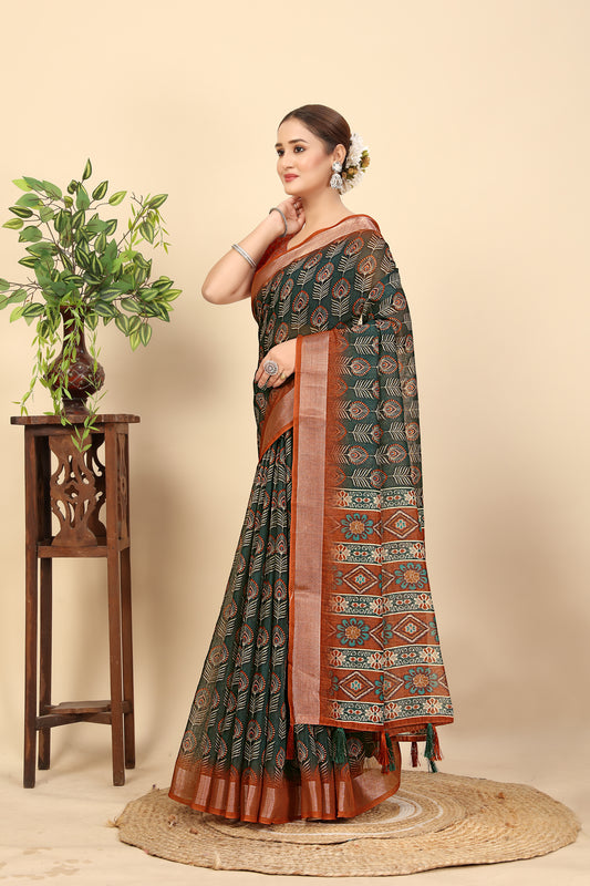 Women's Soft Pure Cotton Linen Silk with Exquisite Printed Saree & Printed Blouses