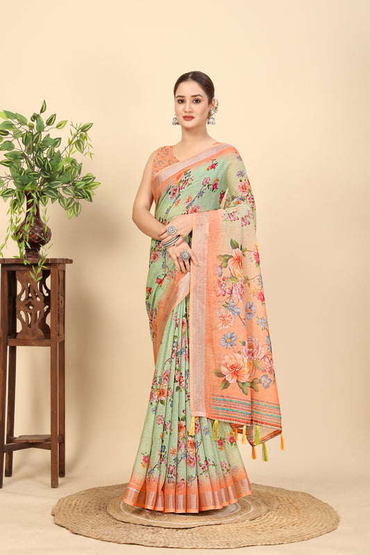 Women's Soft Pure Cotton Linen Silk with Exquisite Printed Saree & Printed Blouses