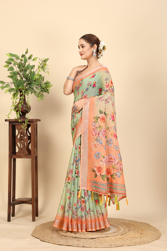 Women's Soft Pure Cotton Linen Silk with Exquisite Printed Saree & Printed Blouses