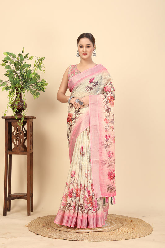 Women's Soft Pure Cotton Linen Silk with Exquisite Printed Saree & Printed Blouses