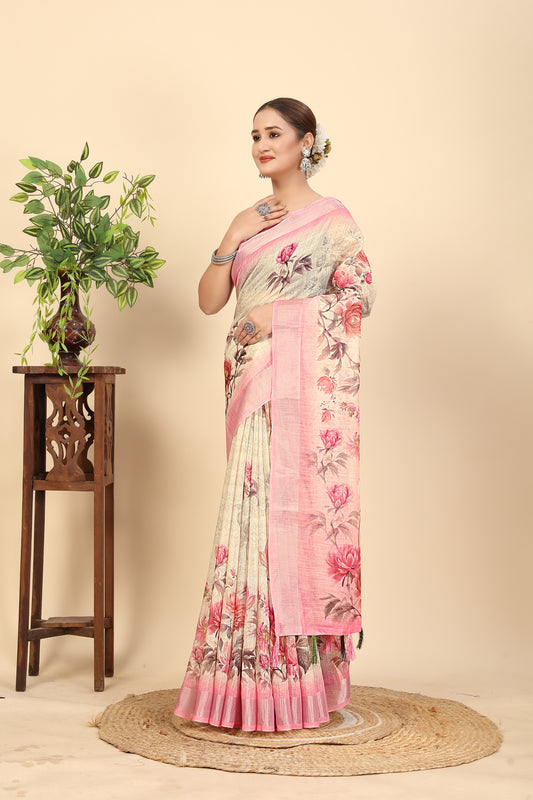Women's Soft Pure Cotton Linen Silk with Exquisite Printed Saree & Printed Blouses