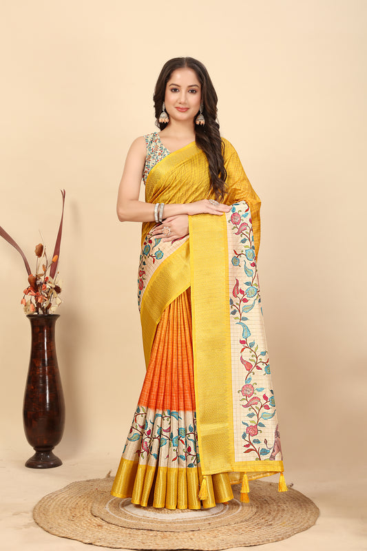 Women's Luxurious Pure Dola Silk with Exquisite Jacquard Border & Printed Blouses