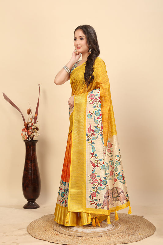 Women's Luxurious Pure Dola Silk with Exquisite Jacquard Border & Printed Blouses