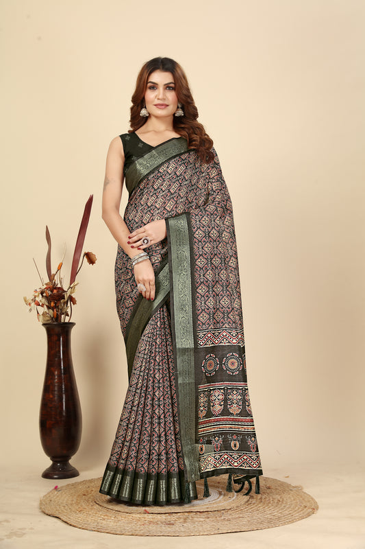 Women's Luxurious Soft Dola Silk with Exquisite Jacquard Border Printed Saree & Printed Blouses