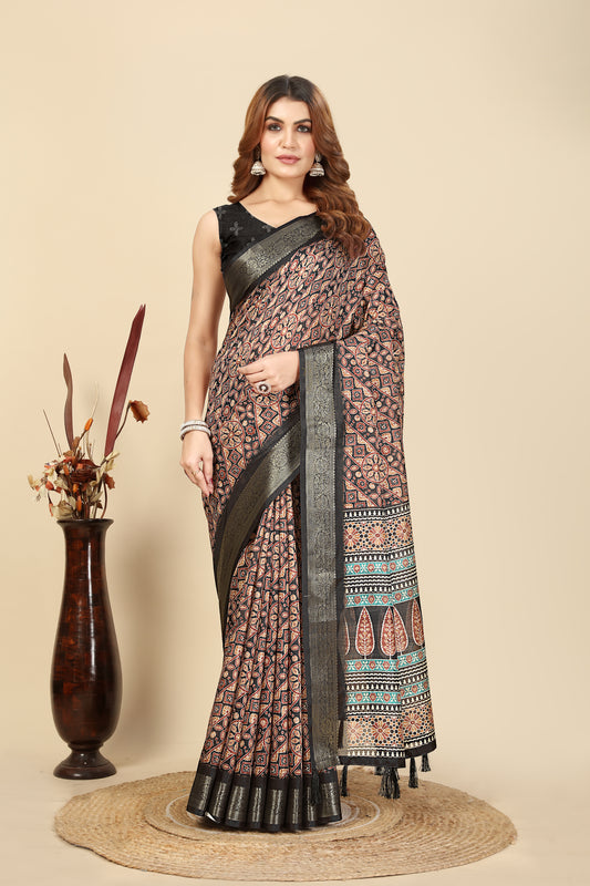 Women's Luxurious Pure Dola Silk with Exquisite Jacquard Border Soft Printed Saree & Printed Blouses